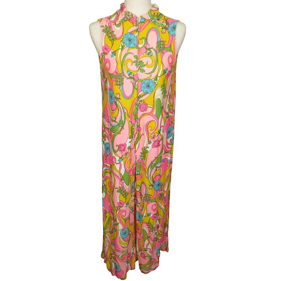 Vintage Bright Floral Swirl Psychedelic 60s 70s Wide Leg Jumpsuit Size M